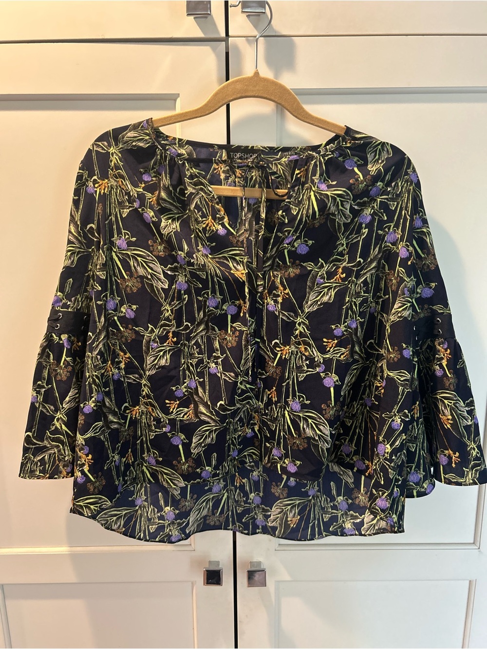 Topshop Black Floral Tie-Front Blouse with Bell Sleeves